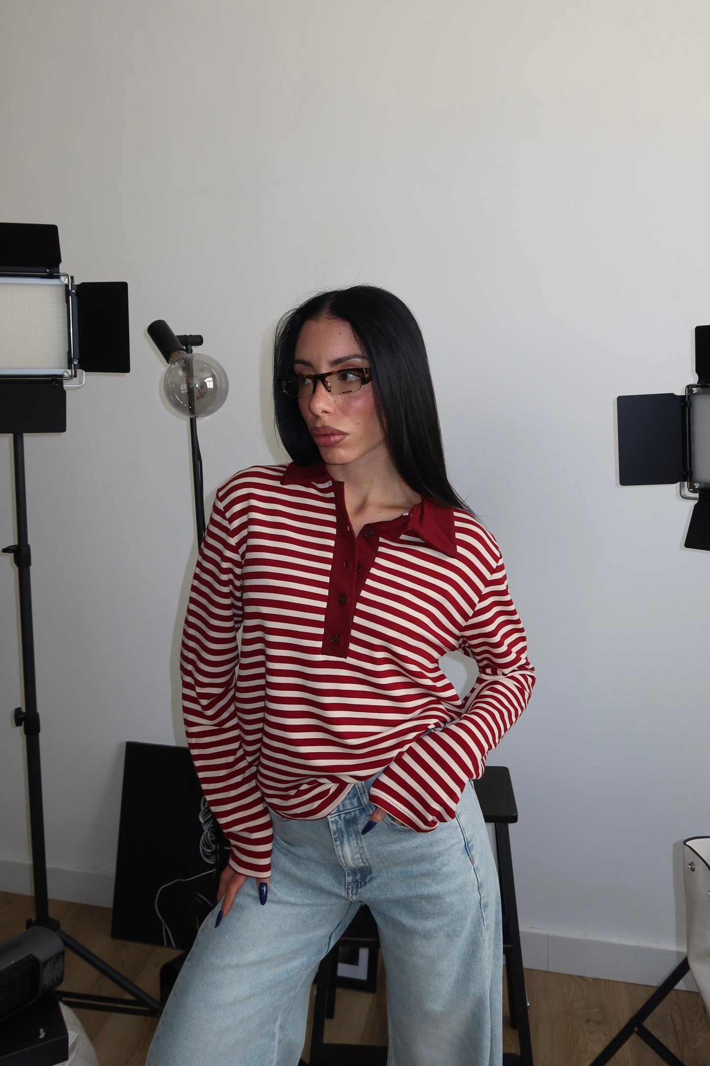 Polo A RIGHE bordeaux/panna