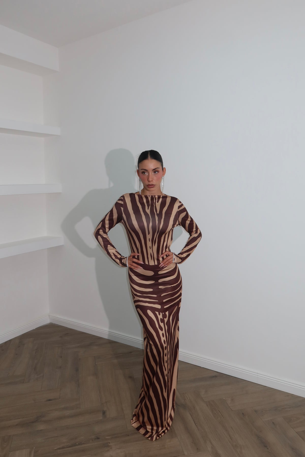 Long dress TOWN zebra print choco/beige