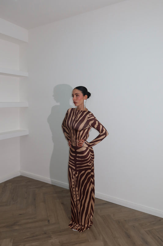 Long dress TOWN zebra print choco/beige