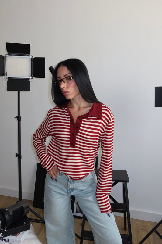 Polo A RIGHE bordeaux/panna