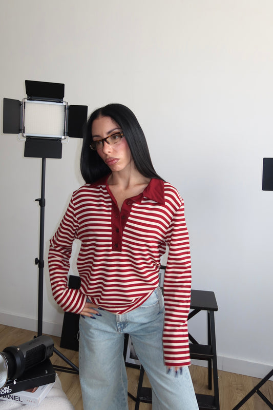 Polo A RIGHE bordeaux/panna